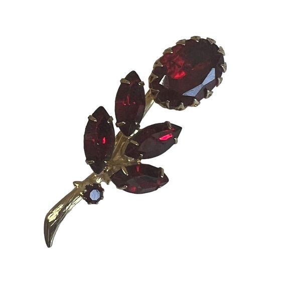 Unbranded Jewelry - Vintage Red Rhinestone Floral Gold-Tone Brooch Pin Victorian Retro Style
